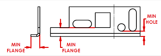 Diagram comparing minimum hole distance vs minimum flange distance for sheet metal bending